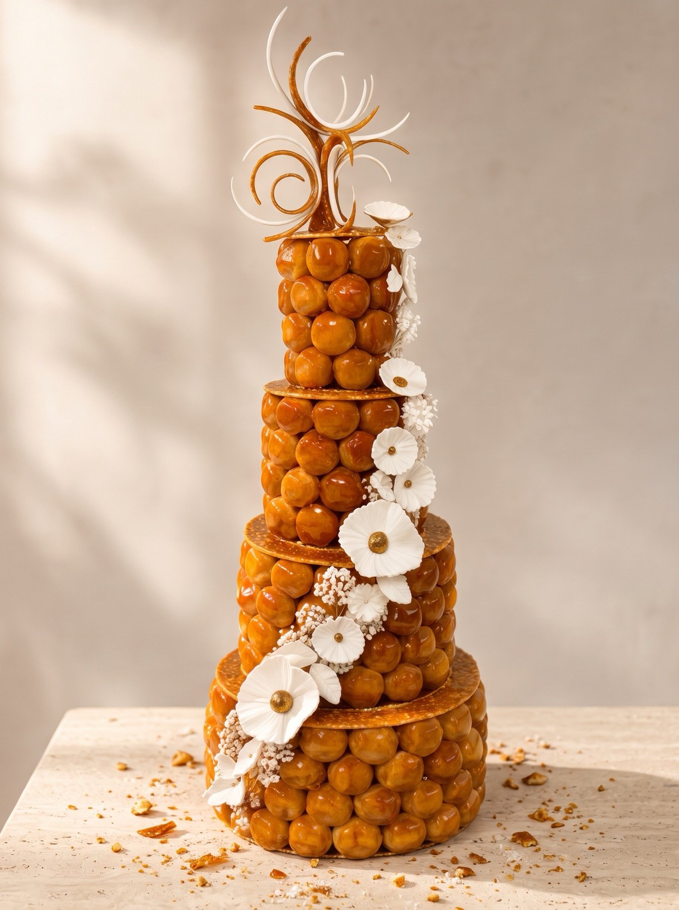 Croquembouche décoré de fleurs en sucre, réalisé par la boutique